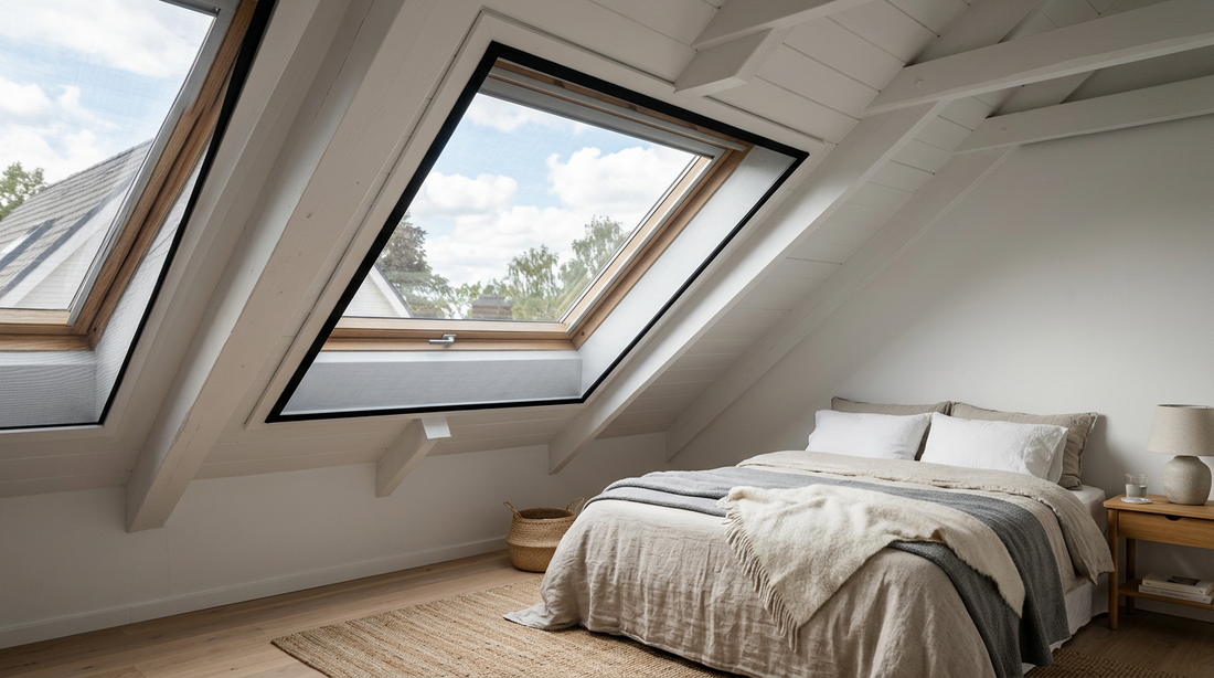 Chambre sous combles avec deux fenêtres de toit équipées de moustiquaires sur mesure