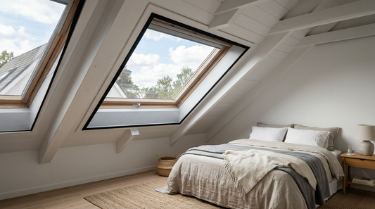 Chambre sous combles avec deux fenêtres de toit équipées de moustiquaires sur mesure