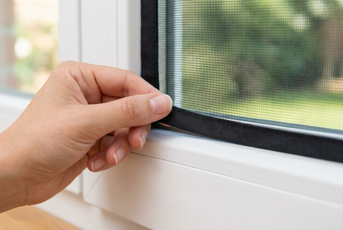 Main pressant le bord textile d'une moustiquaire sur un dormant PVC, sans outil