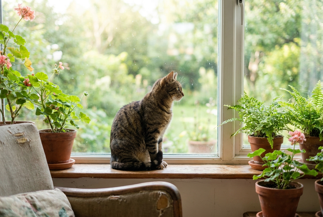 Chat tigré assis sur un rebord de fenêtre, qui regarde le jardin