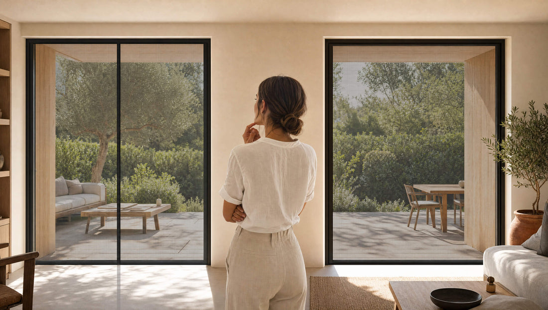 Deux grandes baies vitrées équipées de moustiquaires sur mesure aimantées noires, vue depuis le salon sur la terrasse