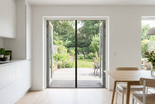 Moustiquaire magnétique de porte Moskera installée sur une porte donnant sur un jardin