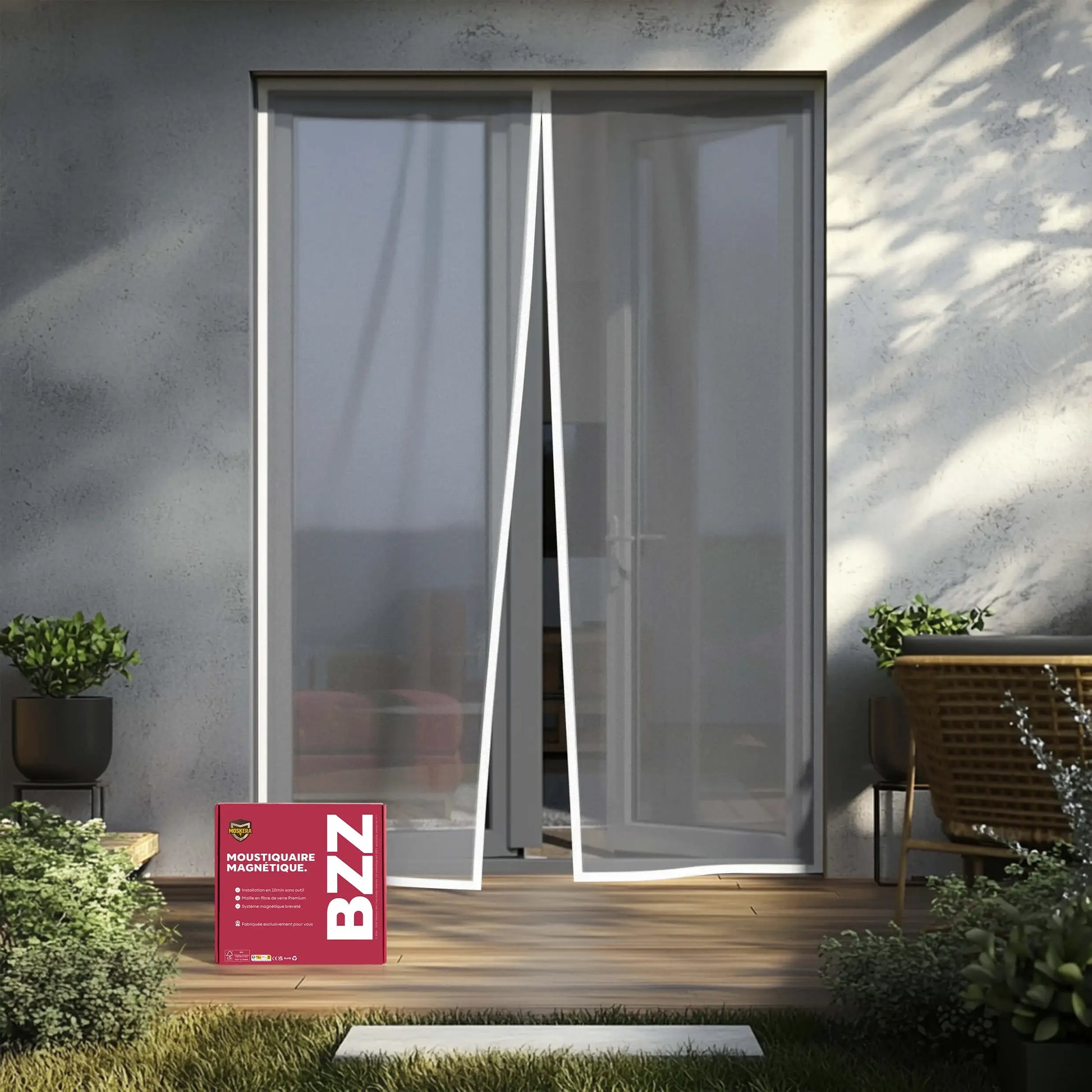 Moustiquaire magnétique blanche MOSKERA installée sur une porte d’entrée avec ouverture centrale