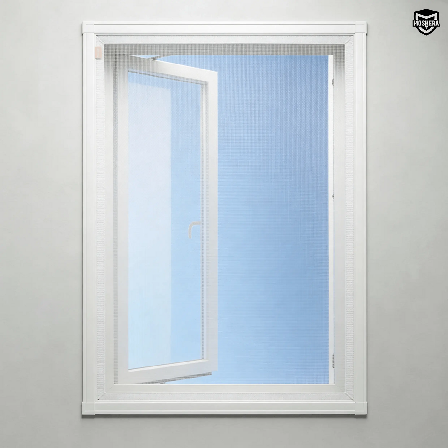 Moustiquaire magnétique blanche pour fenêtre MOSKERA, vue de face, installée sur une fenêtre