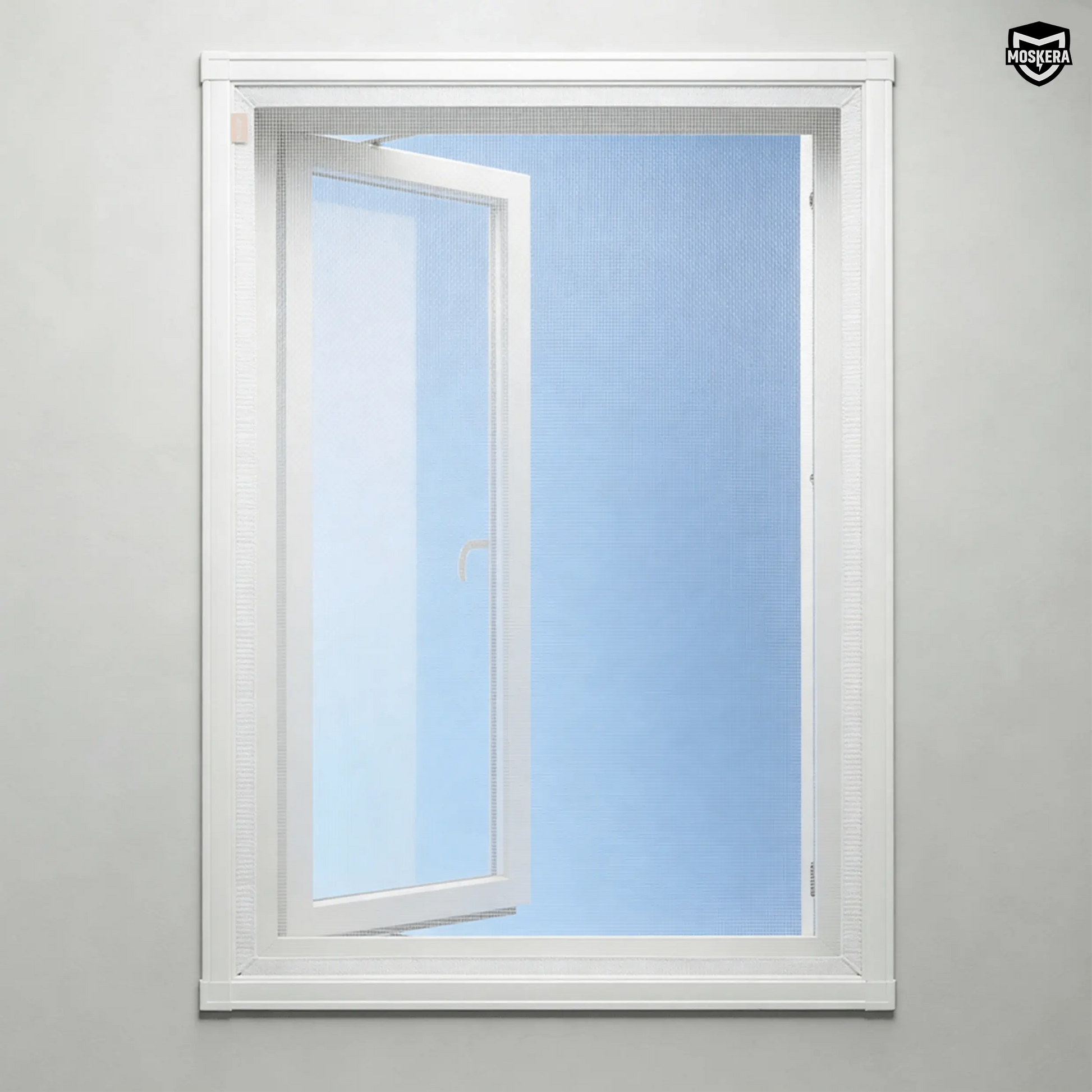 Moustiquaire magnétique blanche pour fenêtre MOSKERA, vue de face, installée sur une fenêtre