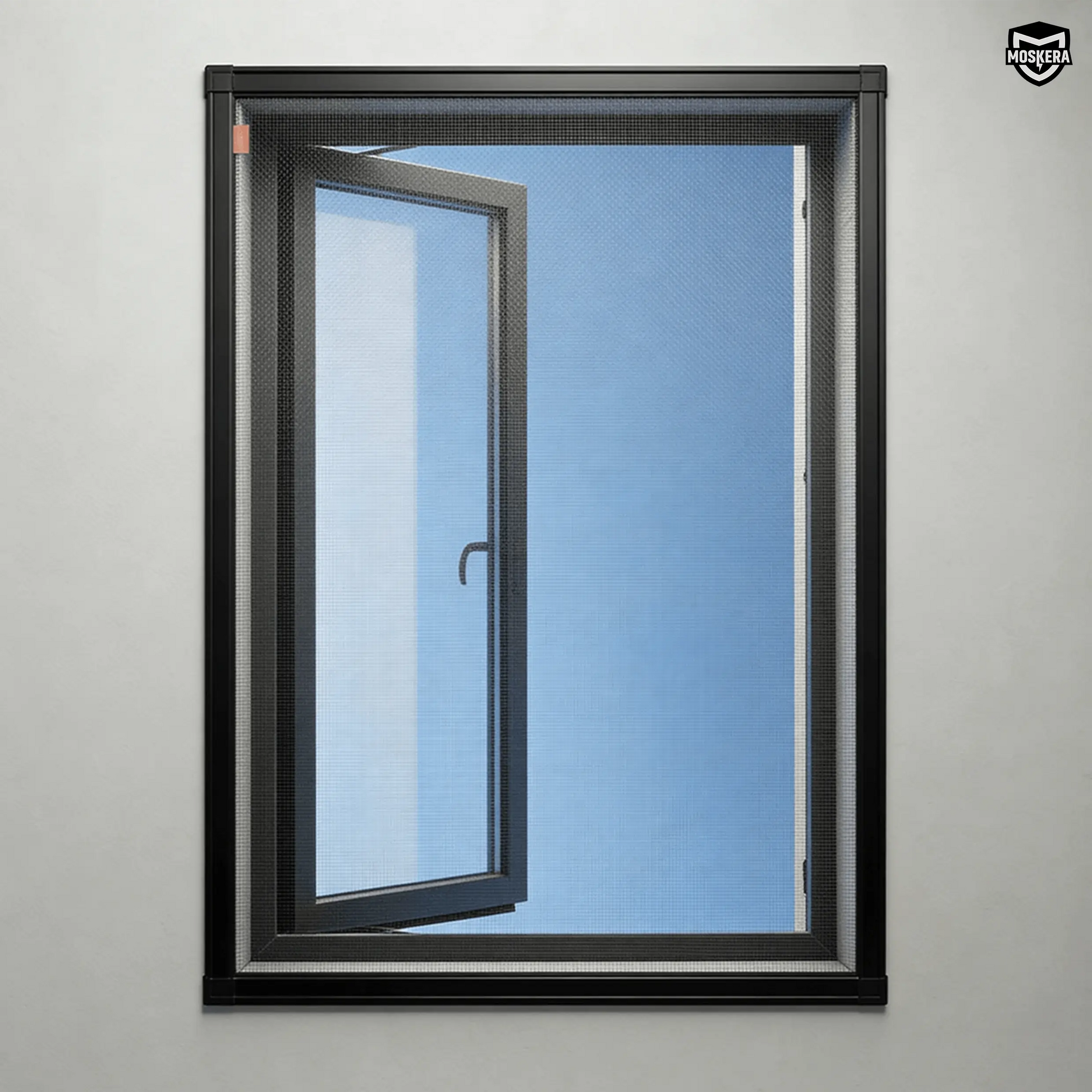 Moustiquaire magnétique noire pour fenêtre MOSKERA, vue de face, installée sur une fenêtre