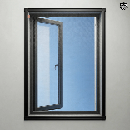 Moustiquaire magnétique noire pour fenêtre MOSKERA, vue de face, installée sur une fenêtre