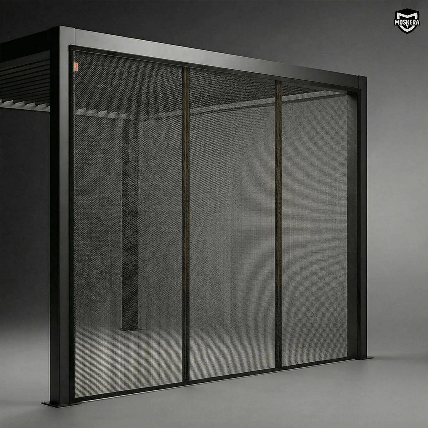 Moustiquaire magnétique MOSKERA installée sur une pergola avec deux séparations centrales magnétiques