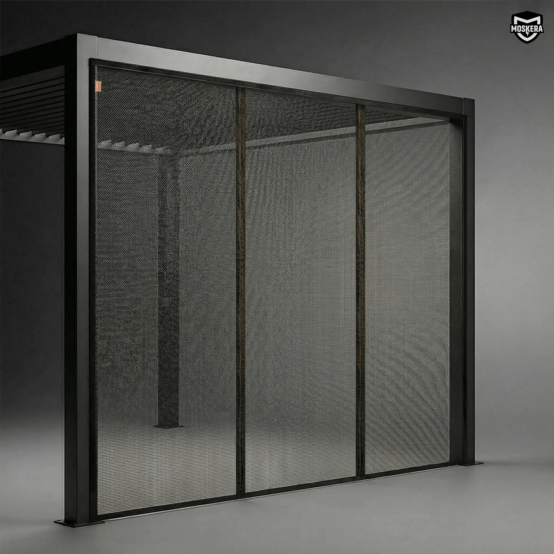 Moustiquaire magnétique MOSKERA installée sur une pergola avec deux séparations centrales magnétiques
