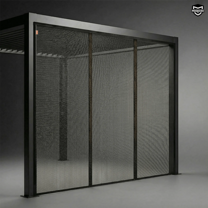 Moustiquaire magnétique MOSKERA installée sur une pergola avec deux séparations centrales magnétiques