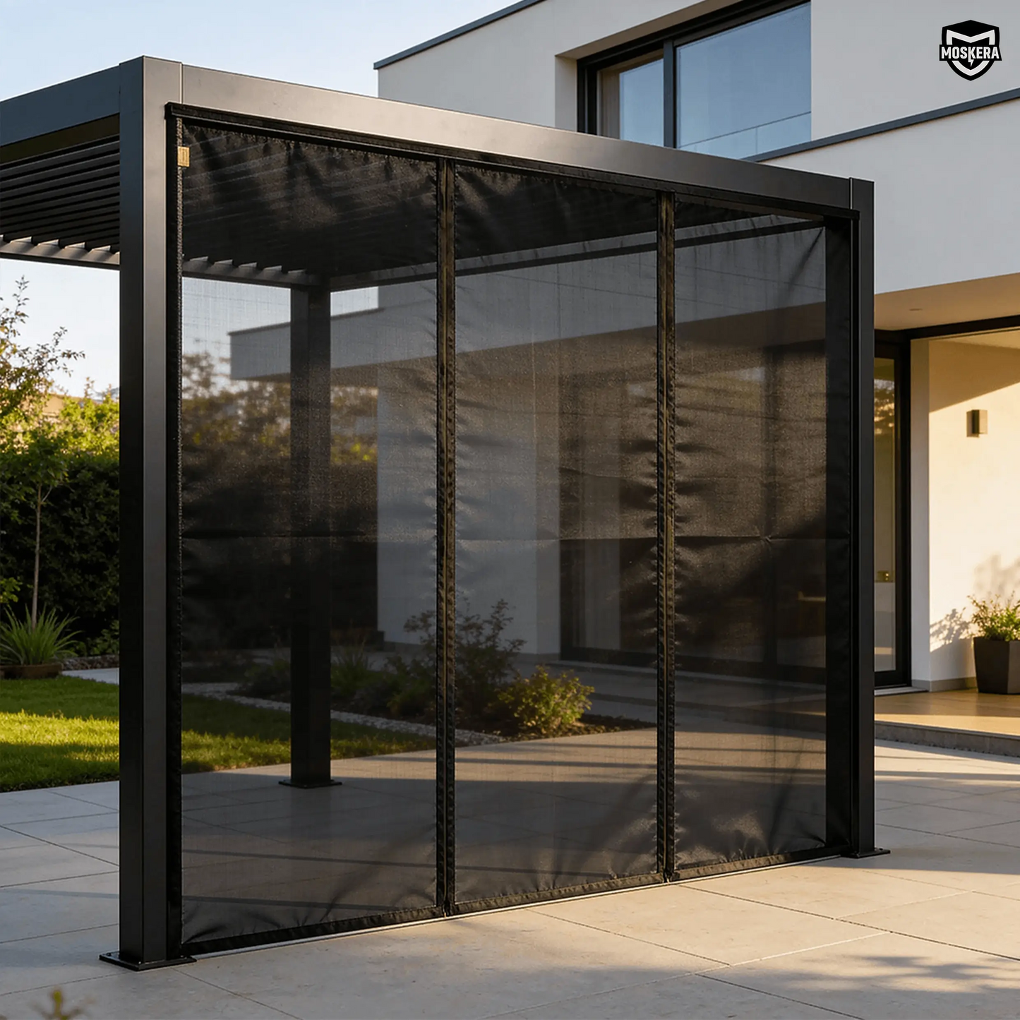 Moustiquaire noire MOSKERA installée sur une pergola bioclimatique, sur terrasse