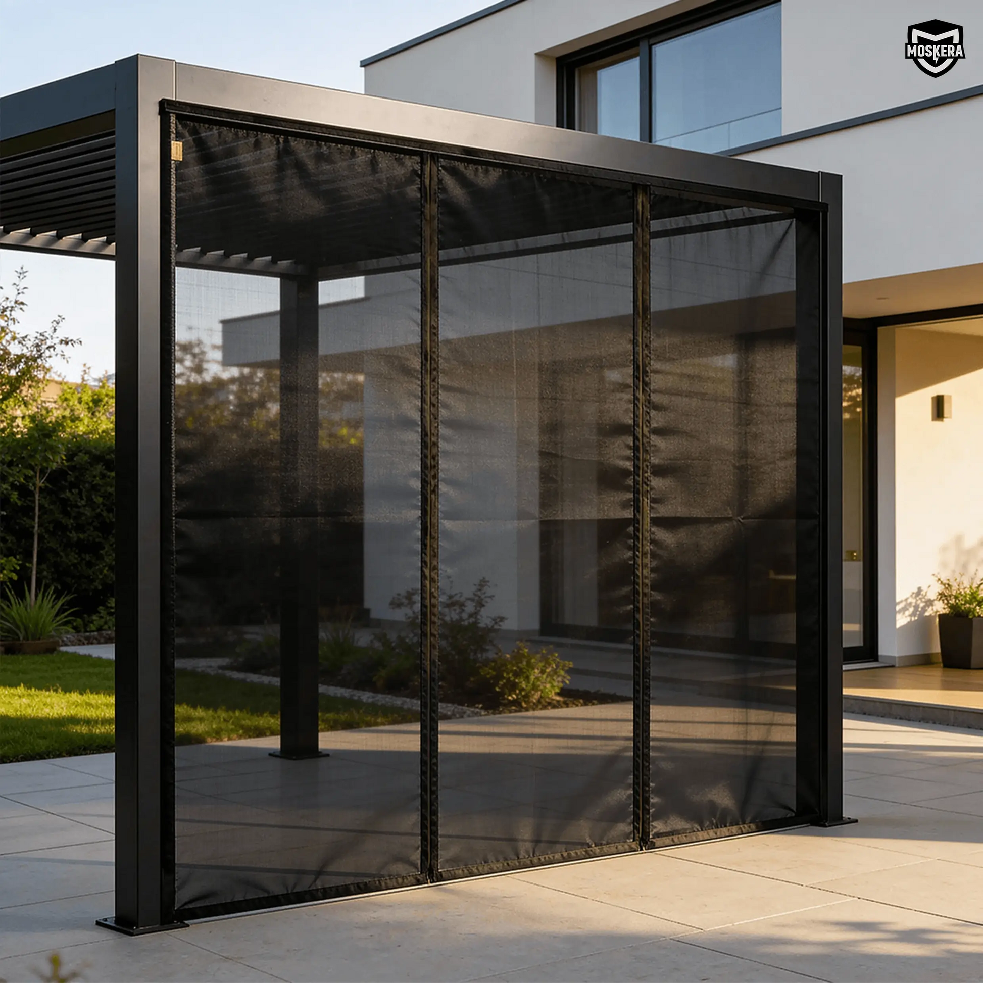 Moustiquaire noire MOSKERA installée sur une pergola bioclimatique, sur terrasse