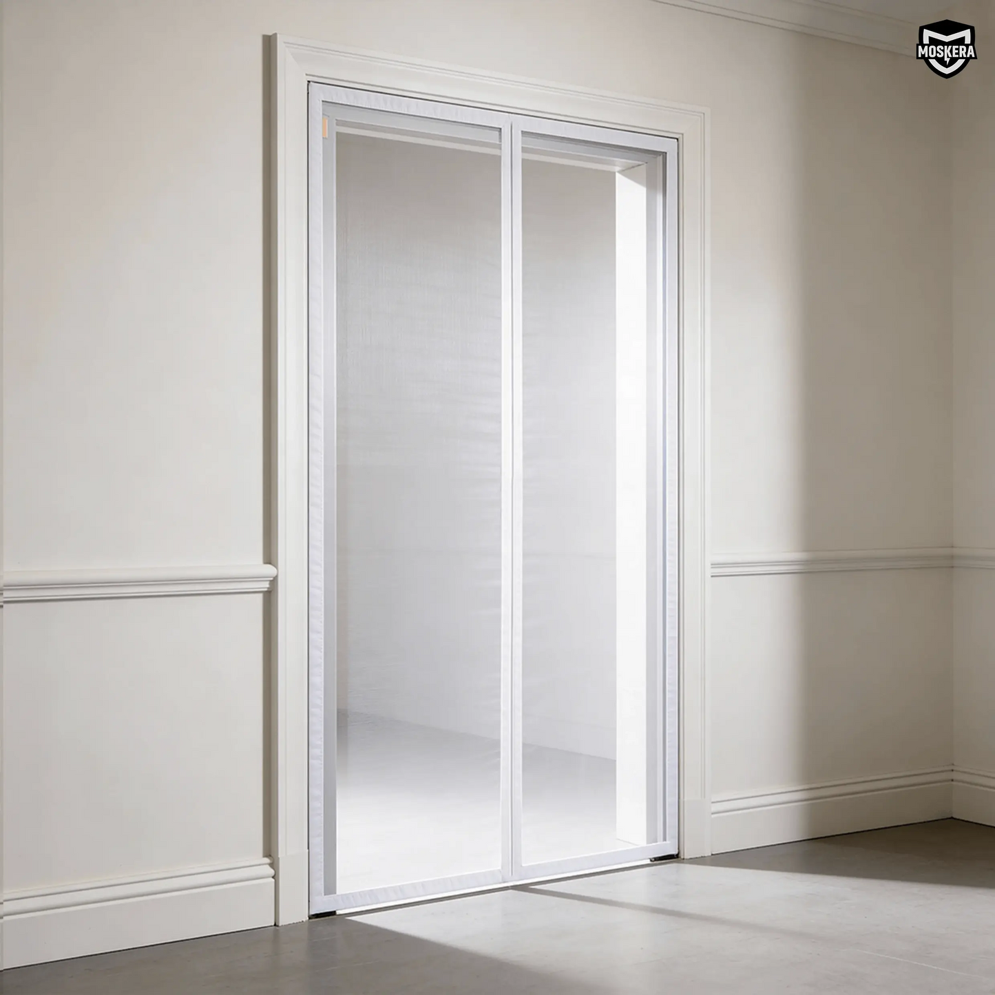 Moustiquaire magnétique blanche MOSKERA installée sur une porte avec fermeture centrale