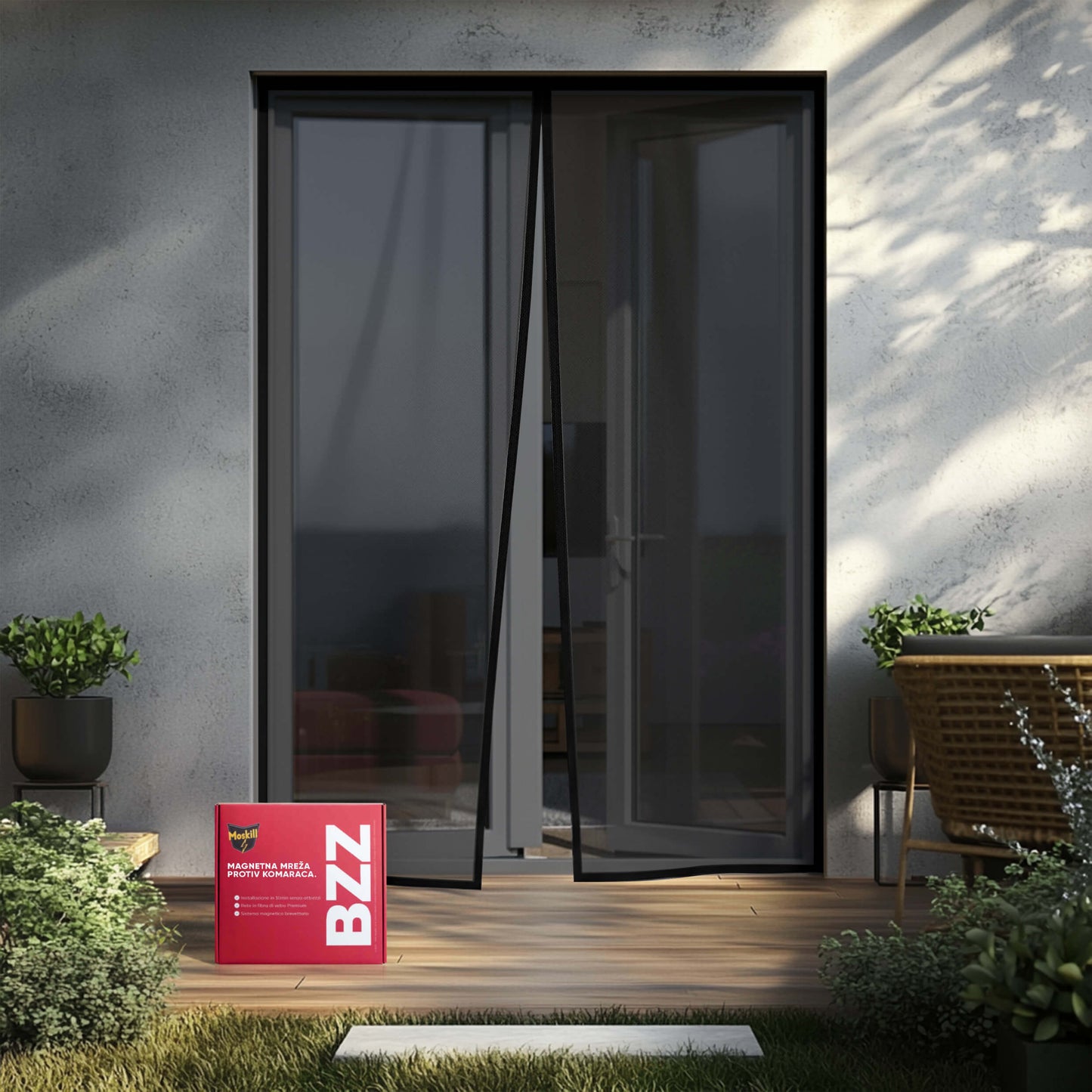 Black magnetic mosquito net door by Ma boutique, featuring a mesh design for insect protection and easy access.