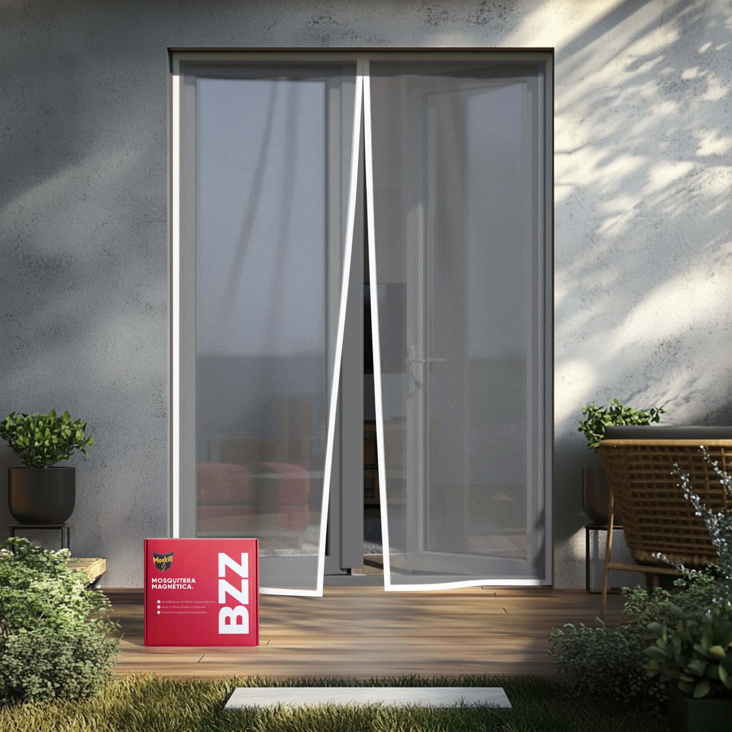 Mosquitera magnética blanca para puerta, fácil instalación y uso, ideal para mantener insectos fuera del hogar.