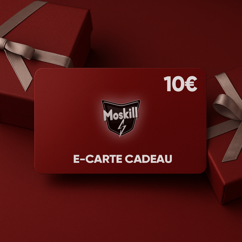 Carte cadeau Moskill design featuring a colorful gift card with the MOSKILL logo and festive elements.