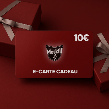Carte cadeau Moskill design featuring a colorful gift card with the MOSKILL logo and festive elements.